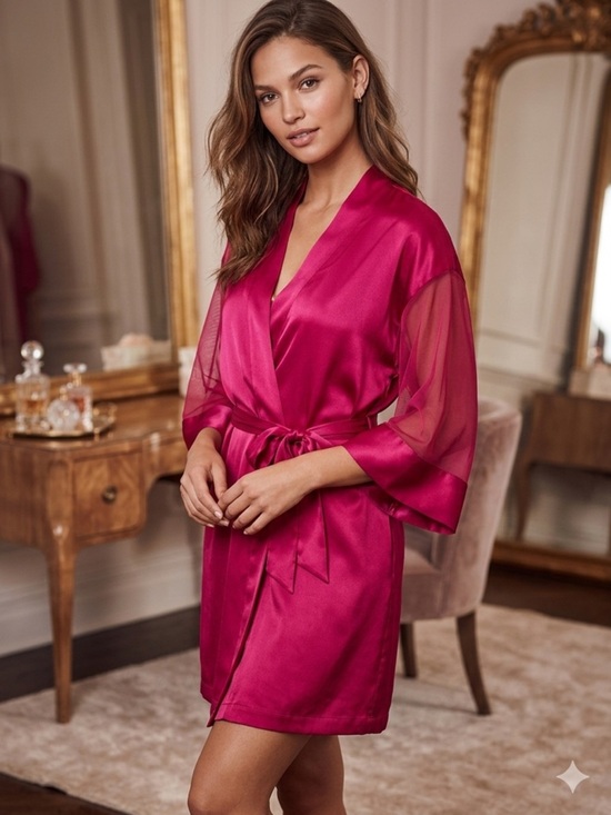 Victoria's Secret Other - Victoria's Secret Fuchsia Satin Kimono Robe with Sheer Sleeves Size One Size